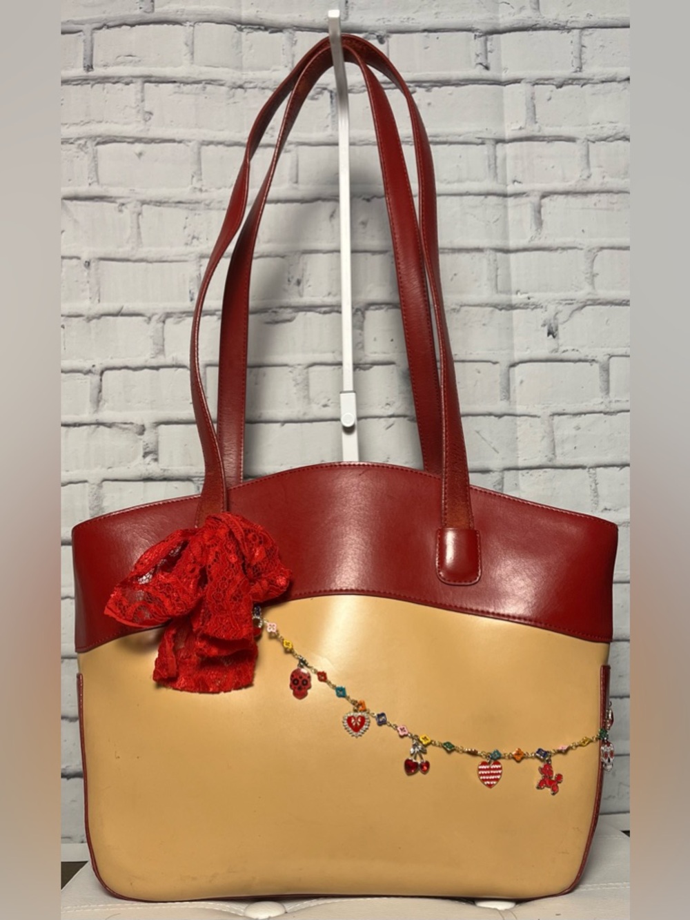 M. London Red and Tan Patent Leather Tote with Couture Charms
